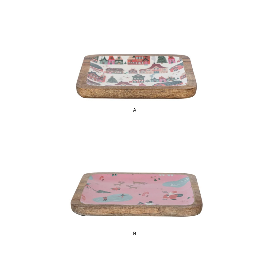 Enameled Mango Wood Trays with North Pole Patterns