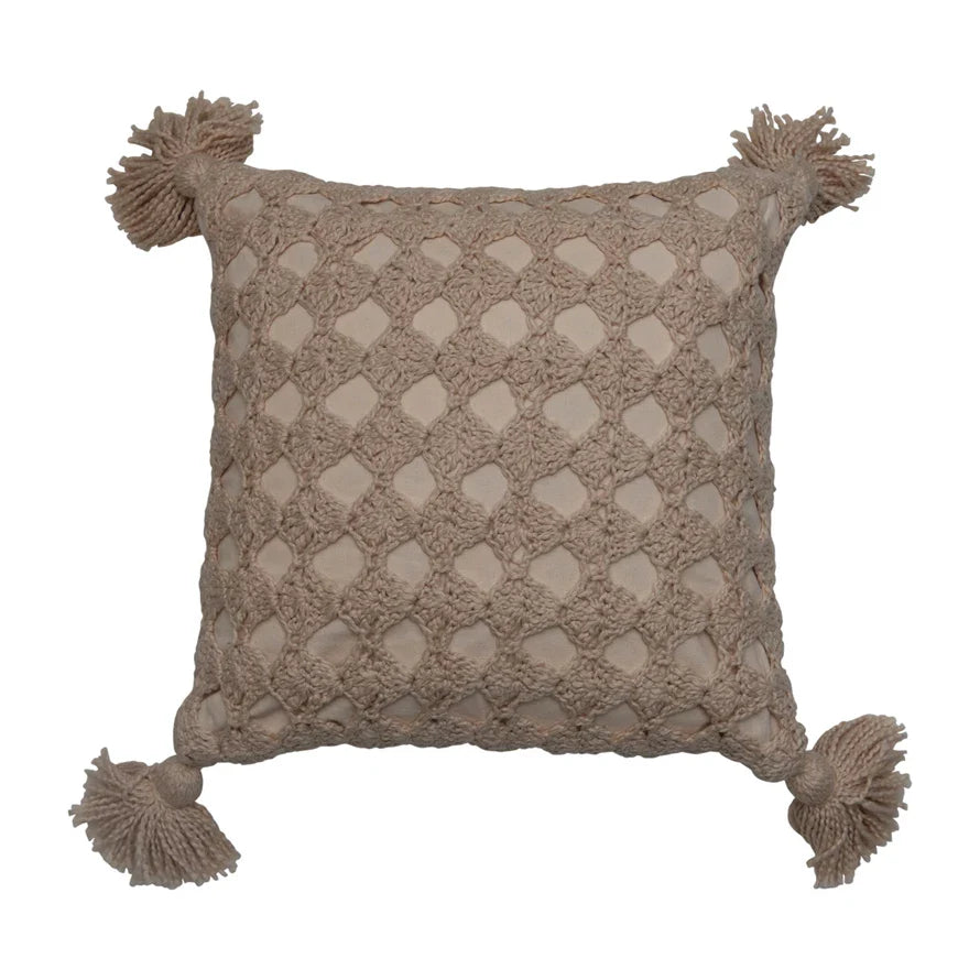18 Cotton Crocheted Pillow w/ Tassels, Polyester Fill