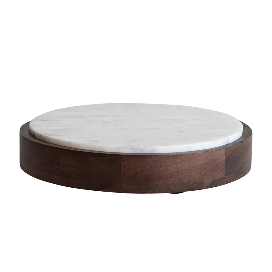 Mango Wood & Marble Pedestal with Removable Marble Tray