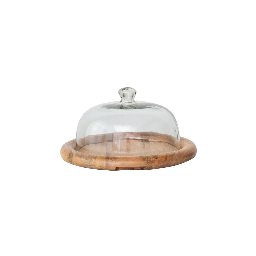 Glass Cloche w/ Mango Wood Base, Natural, Set of 2