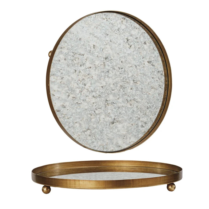 Decorative Metal Footed Antiqued Mirror Tray, Gold Finish