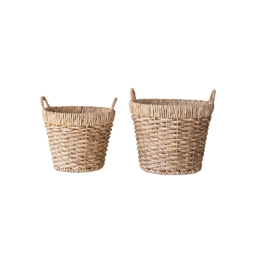 Hand-Woven Water Hyacinth Baskets with Handles, Natural
