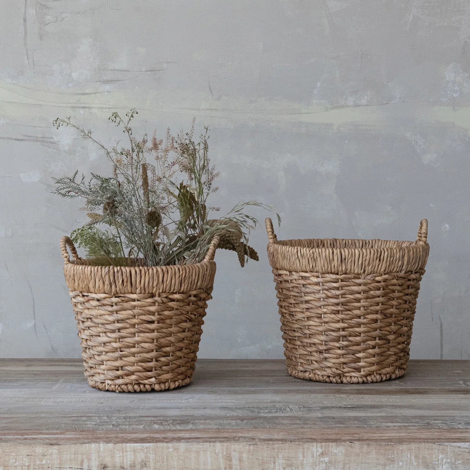 Hand-Woven Water Hyacinth Baskets with Handles, Natural