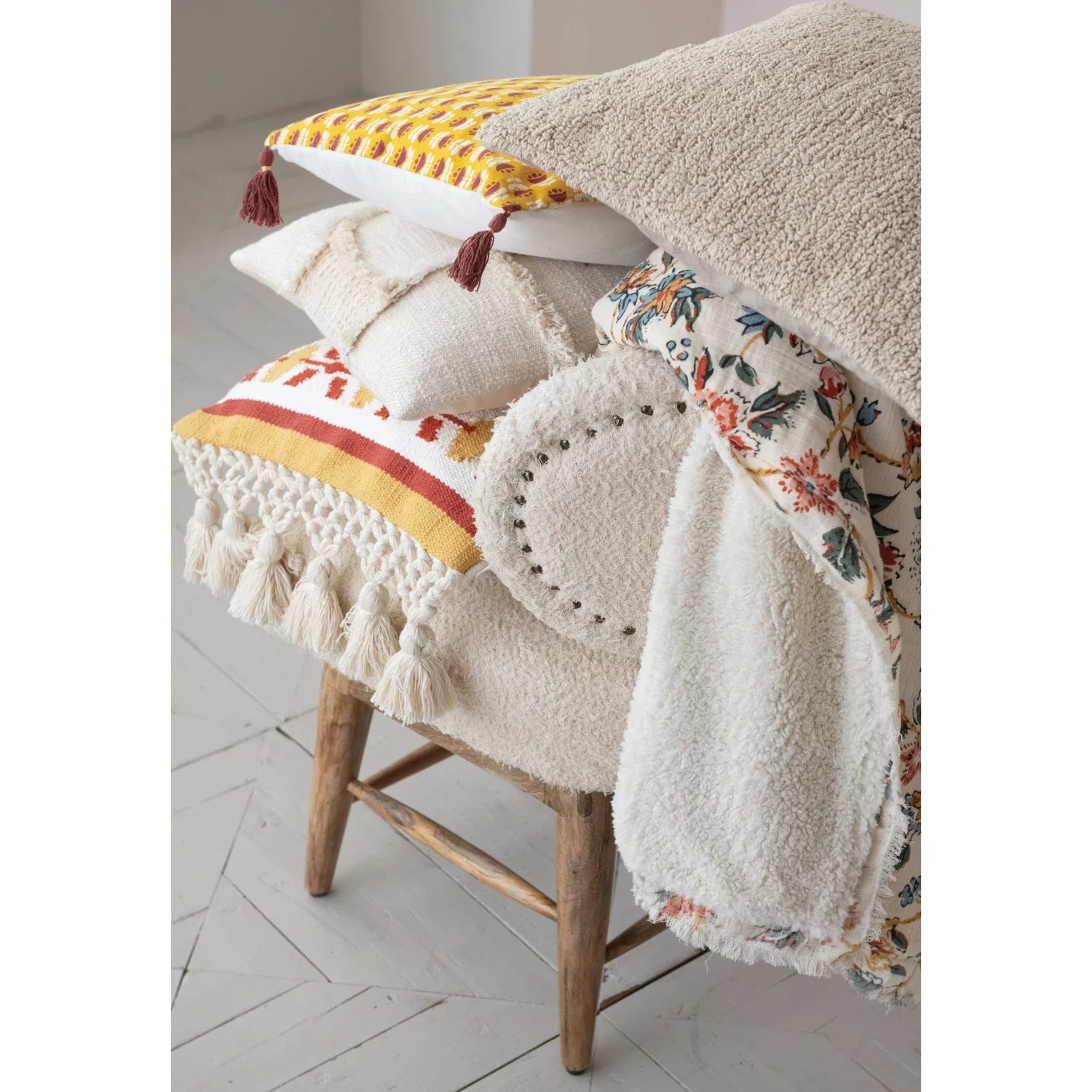 Woven Cotton Printed Throw w/ Sherpa Back, Flower Pattern & Fringe