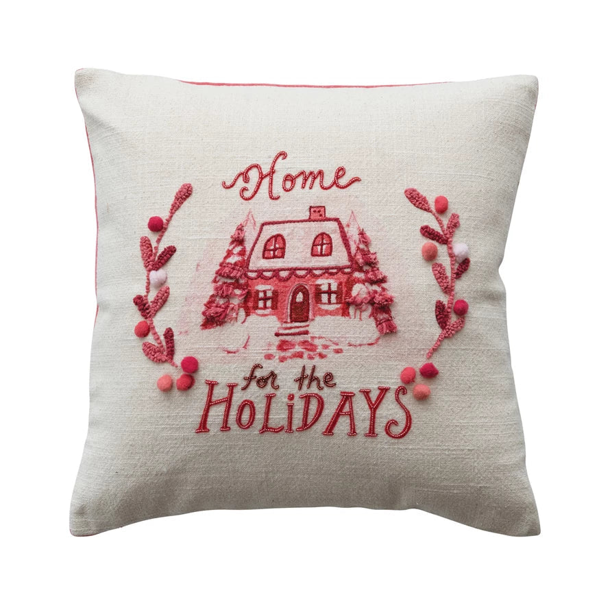 16 Square Cotton Slub Printed Pillow with Embroidered House Image