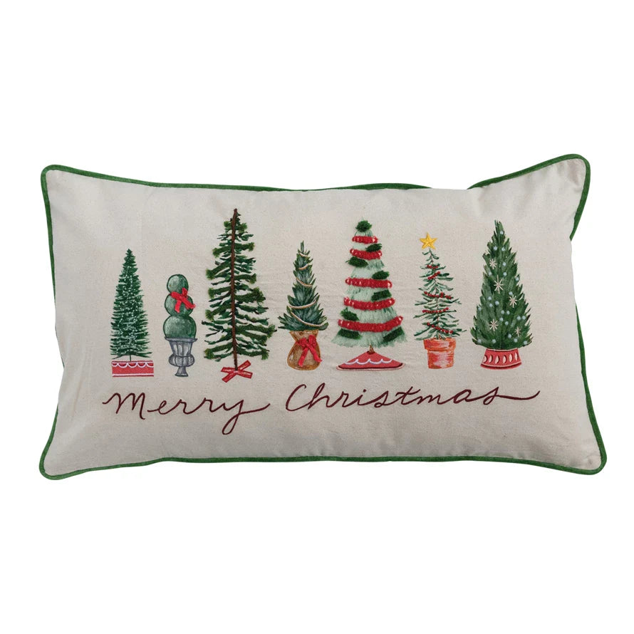 Lumbar Pillow with Piping, Embroidery & Trees Merry Christmas