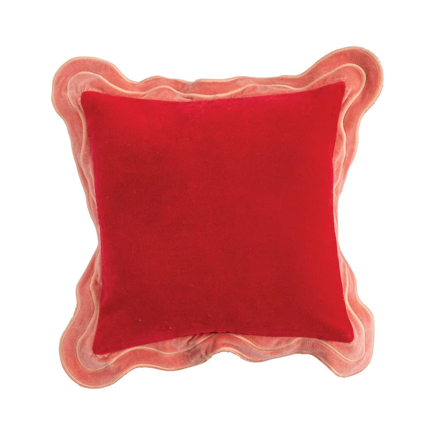 16 Square Cotton Velvet Pillow with Embroidery & Scalloped Flange
